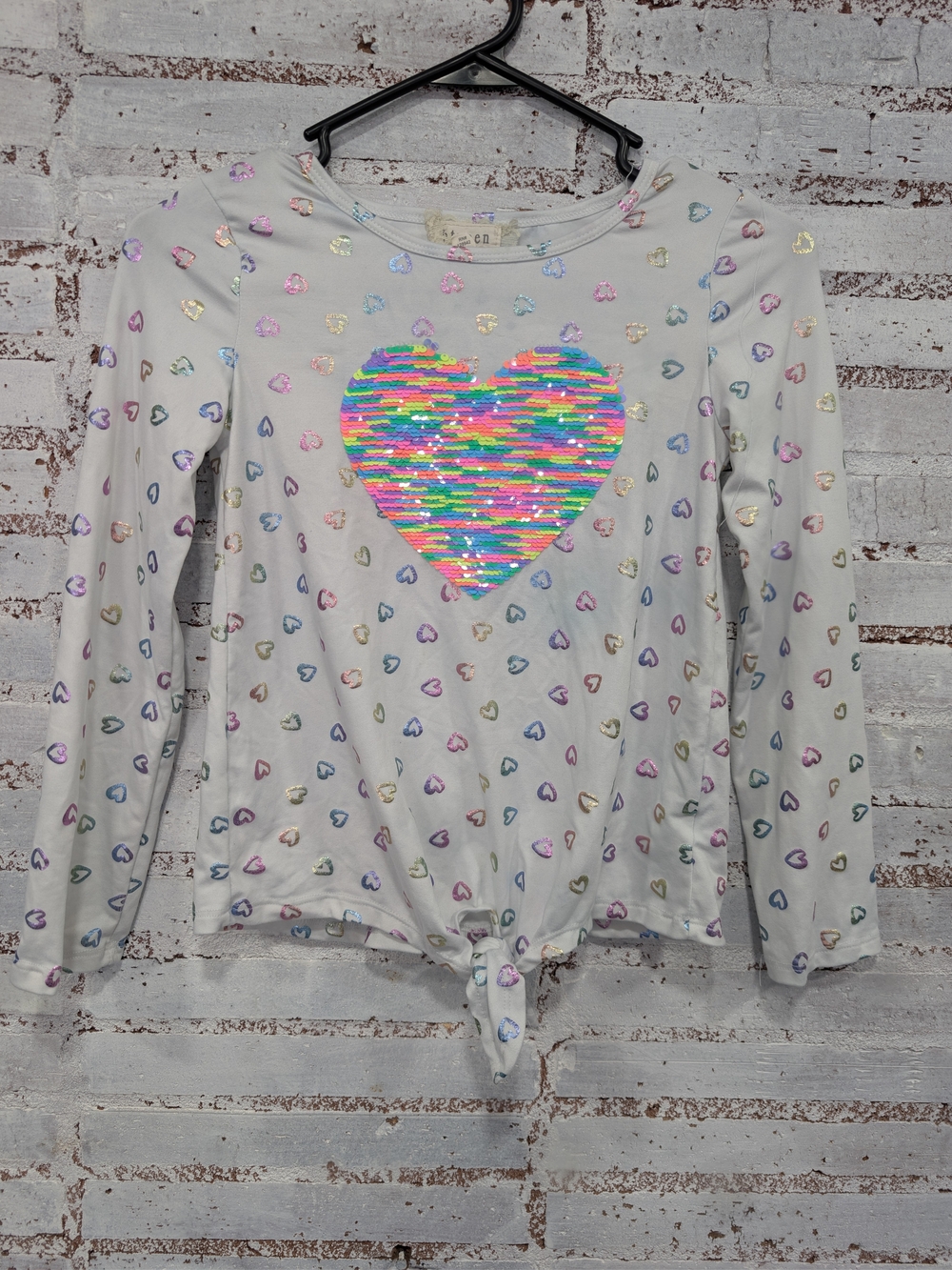btween White Long Sleeve Tee with Rainbow Sequin Heart